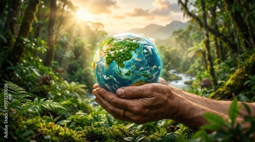 Human hands supporting vibrant terrestrial globe, surrounded by lush forest, bright sunshine, flowing water, april earth month, environmental care concept, nature sustainability.