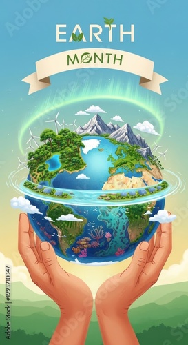 Earth, a sustainable globe held by supportive hands, presents lush forest, clean water, solar energy, wind power, and a prominent banner for environmental awareness observance in april.