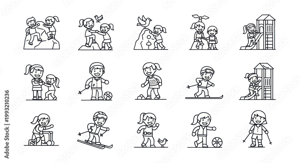 Fototapeta premium Set of line art icons featuring children engaged in various outdoor activities and sports.