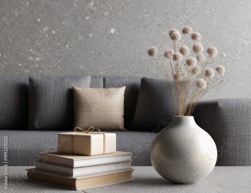 3d Render of a Simple Modern Gray Interior Featuring a Soft Sofa Stack of Gifts and a Textured Vase with Dried Flowers Illuminated by Soft Light