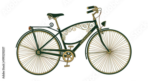 Ornate vintage bicycle with steampunk filigree design isolated on white