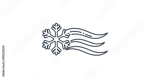 Line art icon of a snowflake with blowing wind trails on a white background