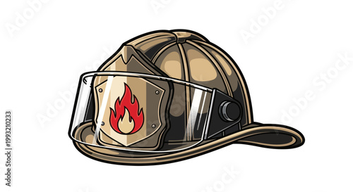 Firefighter helmet illustration with flame shield on white background