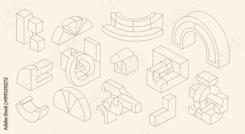 Abstract isometric line art shapes on a minimal background.