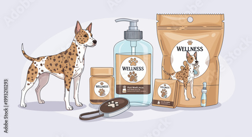 Illustration of a spotted dog with various pet wellness products.