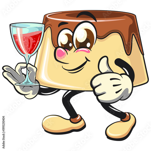 cute caramel pudding mascot character raising a wine glass with smiling, dessert cartoon vector illustration isolated, work of hand drawn