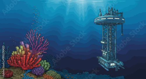 Underwater research base alongside a vibrant coral reef.