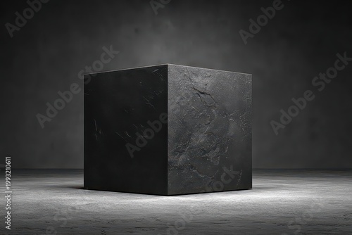 A Black Cube Product Display Stand with Glittering Surface Elements on a Textured Dark Background with Dramatic Spotlight Lighting and a Gritty Floor Surface Perfect for Modern Demonstrations