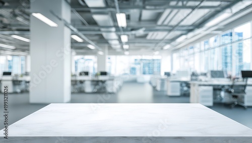 A Clean White Table in the Foreground with a Blurred Modern Office Interior and Cityscape View in the Background Offering a Neutral Workspace Environment