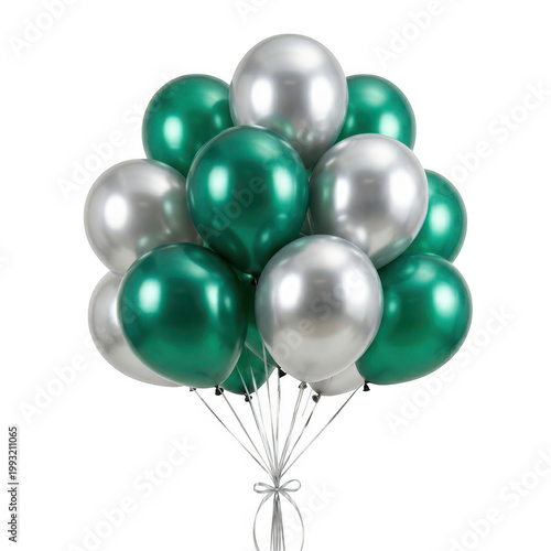 Bunch of metallic green and silver balloons isolated on black