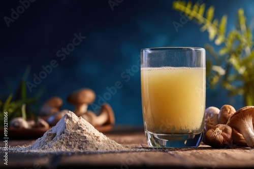 A clear glass filled with yellowish liquid and sparkling particles sits on a rustic wooden surface next to a pile of white powder and fresh mushrooms with soft studio lighting and a dark blue