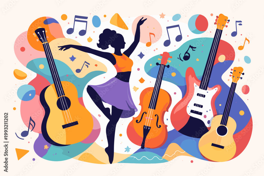 Obraz premium Abstract Music and Dance Collage with Female Dancer Silhouette, Acoustic and Electric Guitars, Violin, Ukulele, Musical Notes, and Vibrant Colorful Geometric Shapes in a Flat Vector Art Style.