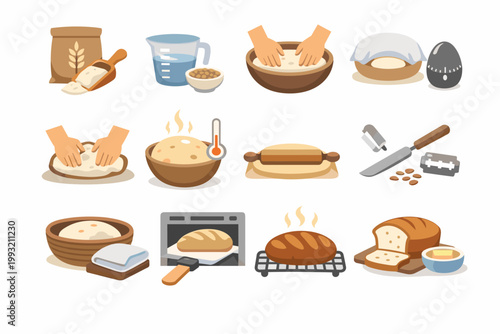 Bread Making Process Icon Set Featuring Steps for Baking Homemade Sourdough or Yeast Bread from Scratch Including Kneading Dough, Proofing, Rolling, Scoring, Baking in Oven, and Slicing Fresh Loaf.