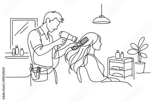 Continuous line drawing of a male hairdresser styling a female client's long hair in a modern salon setting using a hair dryer and brush, minimalist vector art of a professional beauty service.