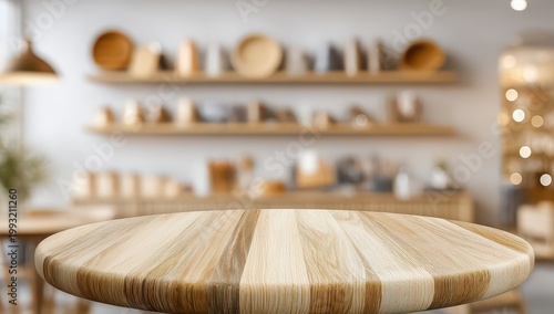 A Clean Empty White Wood Table in a Blurred Modern Interior with Shelves of Ceramic Dishes and Kitchenware Illuminated by Soft Warm Lighting