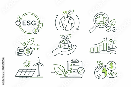 ESG Investing Line Icon Set with Environmental Social and Governance Symbols for Sustainable Finance, Renewable Energy, Ethical Business, Ecology, Corporate Responsibility, and Green Growth.