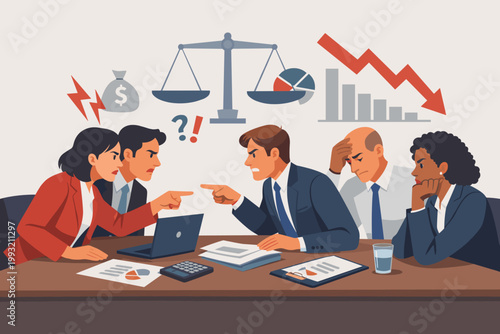 Tense business meeting with professionals arguing over financial loss, declining market trends, and corporate disputes, featuring scales of justice, money bags, and falling profit charts.