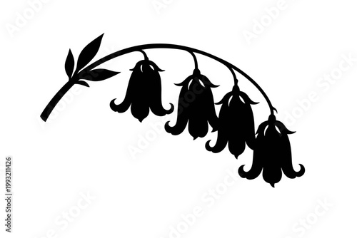 Elegant black silhouette of a drooping bellflower cluster on a curved stem with curled petals and leaves, minimalist botanical vector illustration isolated on white background for floral design