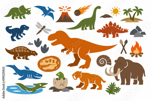 Prehistoric Dinosaur Vector Icon Set with T-Rex, Triceratops, Stegosaurus, Mammoth, and Sabertooth Tiger Silhouettes, Volcano, Meteor, Fossils, and Ancient Nature Elements for Graphic Design.