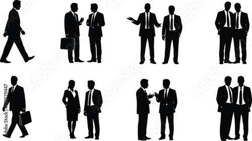 Business people silhouettes collection, corporate professionals walking talking meeting teamwork isolated on white background, office communication and partnership concept