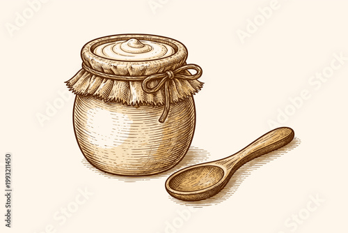 Vintage Engraved Illustration of a Yogurt Pot with a Cloth Cover and a Wooden Spoon, Rustic Hand-Drawn Woodcut Style for Kitchen Decor, Organic Dairy Product Jar, Traditional Healthy Food Design.