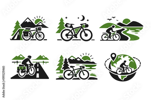 Collection of six green and black vector icons depicting bicycle travel concepts including bikepacking, cycle touring, camping with a bike, mountain biking, and global cycling adventures.