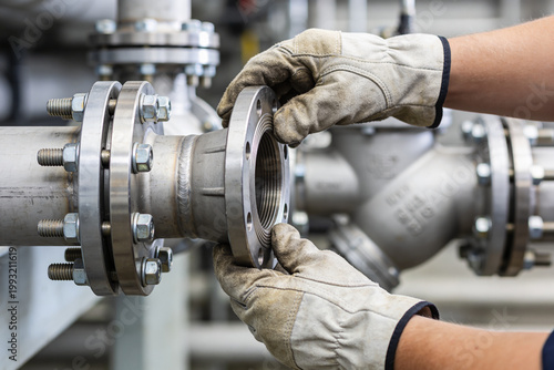 Canvastavla Industrial worker in protective gloves assembling metal pipes with flanges and b