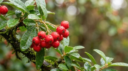 Close up of bright red berries covered in morning dew on a green leafy branch, fresh nature detail with vivid color and moisture, soft natural light, realistic macro look, no logos