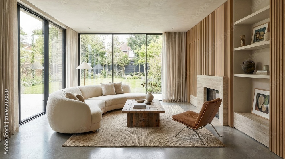 Fototapeta premium Modern living room interior, contemporary home design with elegant furniture and clean architectural styling, natural light, realistic detail, no logos