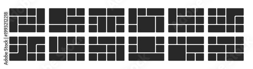 Bento grid template with rectangular frames for photo collages. Modern layout design for creative presentations, moodboards, and gallery displays with geometric blocks. Vector illustration.