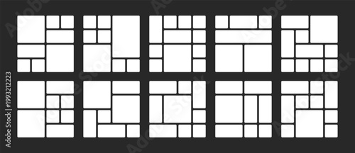 Creative bento grid template featuring square frames and geometric blocks. Ideal layout for photo galleries, presentations. Vector illustration on a black background.