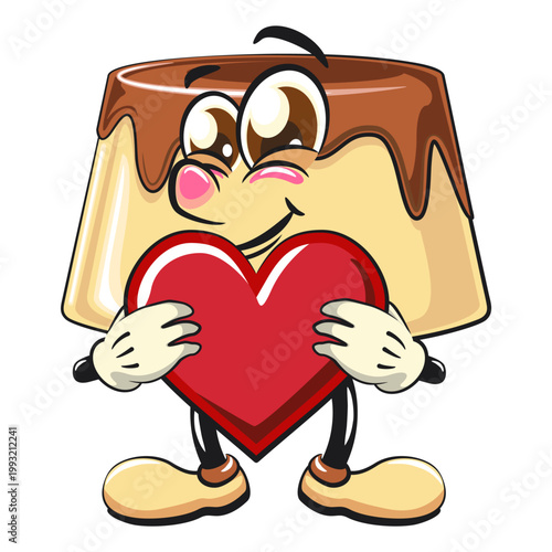 cute caramel pudding mascot character hold the heart with love and smiling, dessert cartoon vector illustration isolated, work of hand drawn