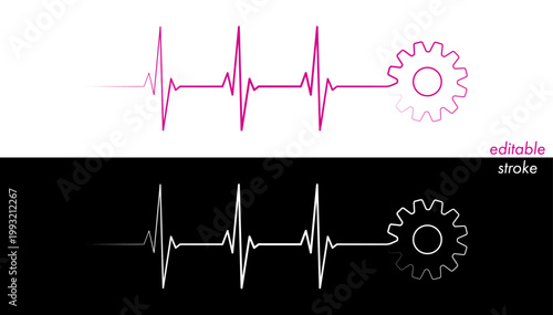 Editable lines heart rhythm illustration set with gear cogwheel, heartbeat line vector design to use for healthcare, business, healthy lifestyle, medicine and ekg concept illustration projects.