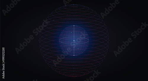Futuristic 3d data sphere with glowing magenta and blue dots for global network artificial intelligence and virtual reality space concepts.