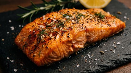 Close up view of a seasoned salmon fillet on a dark surface, appetizing seafood detail with rich orange color and herb seasoning, moody culinary presentation, realistic food photography, no logos