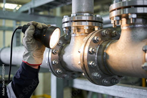 Industrial worker inspects large metal pipes with a flashlight in a factory setting