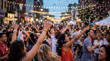 Festive street scene filled with colorful confetti and blurred city lights, vibrant celebration atmosphere with dynamic energy, realistic detail, no logos
