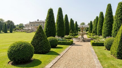 Elegant formal garden with trimmed topiary bushes, conical evergreen trees and pathway, luxury landscape design, manicured park, serene outdoor scene, daylight, realistic detail, no logos