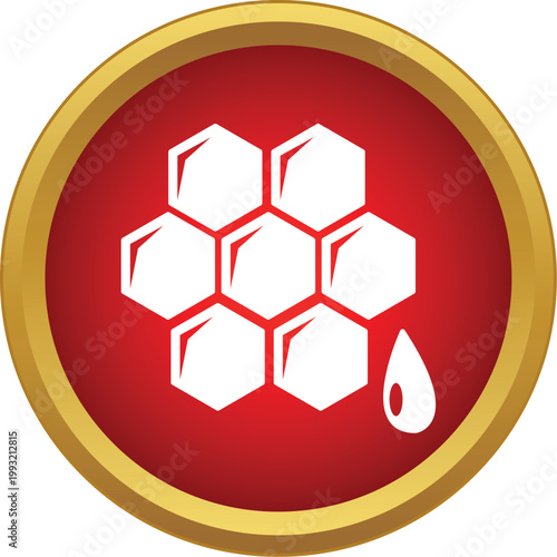 White honeycomb hexagon pattern with a single honey droplet in red and gold icon