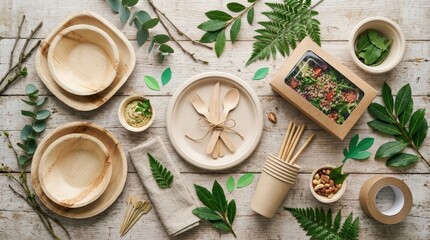 Eco friendly disposable packaging and tableware with paper green leaves, top view sustainable lifestyle and plastic free concept with clean natural styling, no logos