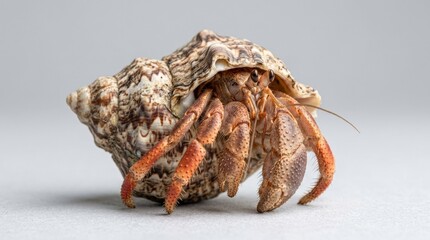 Hermit crab with patterned shell on a light gray background, marine animal close-up, detailed texture and natural form, clean studio composition, no logos