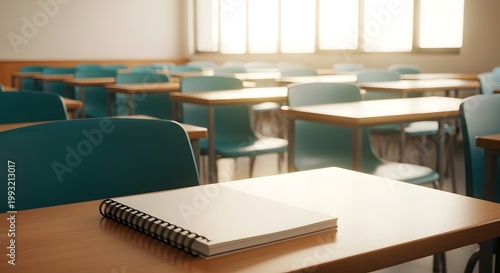 Empty classroom with notebook on desk ready for learning business technology lifestyle digital marketing corporate concept