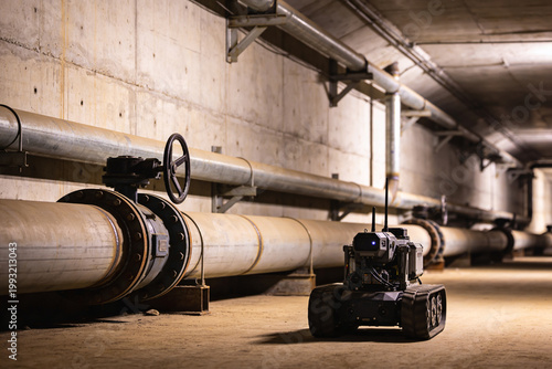 Obraz na plátne Industrial robot inspects large pipes and valves in a concrete tunnel environmen