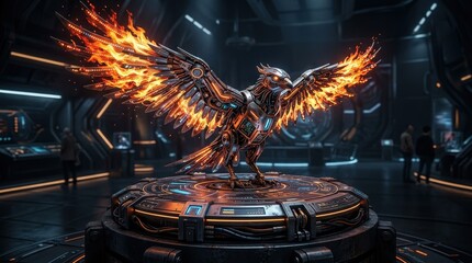 Electronic sculpture of bird with fiery wings on platform, technology art concept, futuristic design, glowing metallic details, dramatic dark background, realistic detail, no logos