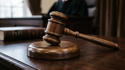 Wooden judge gavel on sound block close-up, legal authority and justice concept, polished wood texture, clean composition, realistic detail, no logos