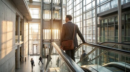 Businessman carrying messenger bag ascending escalator in sunlit lobby, corporate commute and modern office building concept with architectural lines, realistic detail, no logos