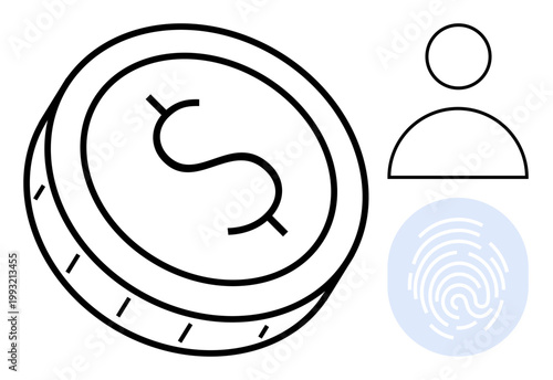 Digital security, identity verification, financial technology, authentication, online transactions, innovative banking. Coin with dollar sign, fingerprint and profile icon. Digital security