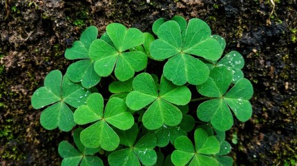 Close-up vibrant green clover leaves on dark textured background, fresh natural pattern symbolizing luck, spring, and botanical beauty, crisp macro detail, realistic finish, no logos