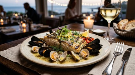 Gourmet grilled fish fillet with mussels and clams and white wine, elegant seafood dinner, fine dining plate, coastal cuisine presentation, appetizing texture, soft restaurant lighting, no logos