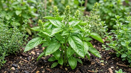 Fresh green basil plant with developing flower spikes, aromatic herb growing in natural light with crisp leaf texture, garden close up, realistic botanical photography, no logos